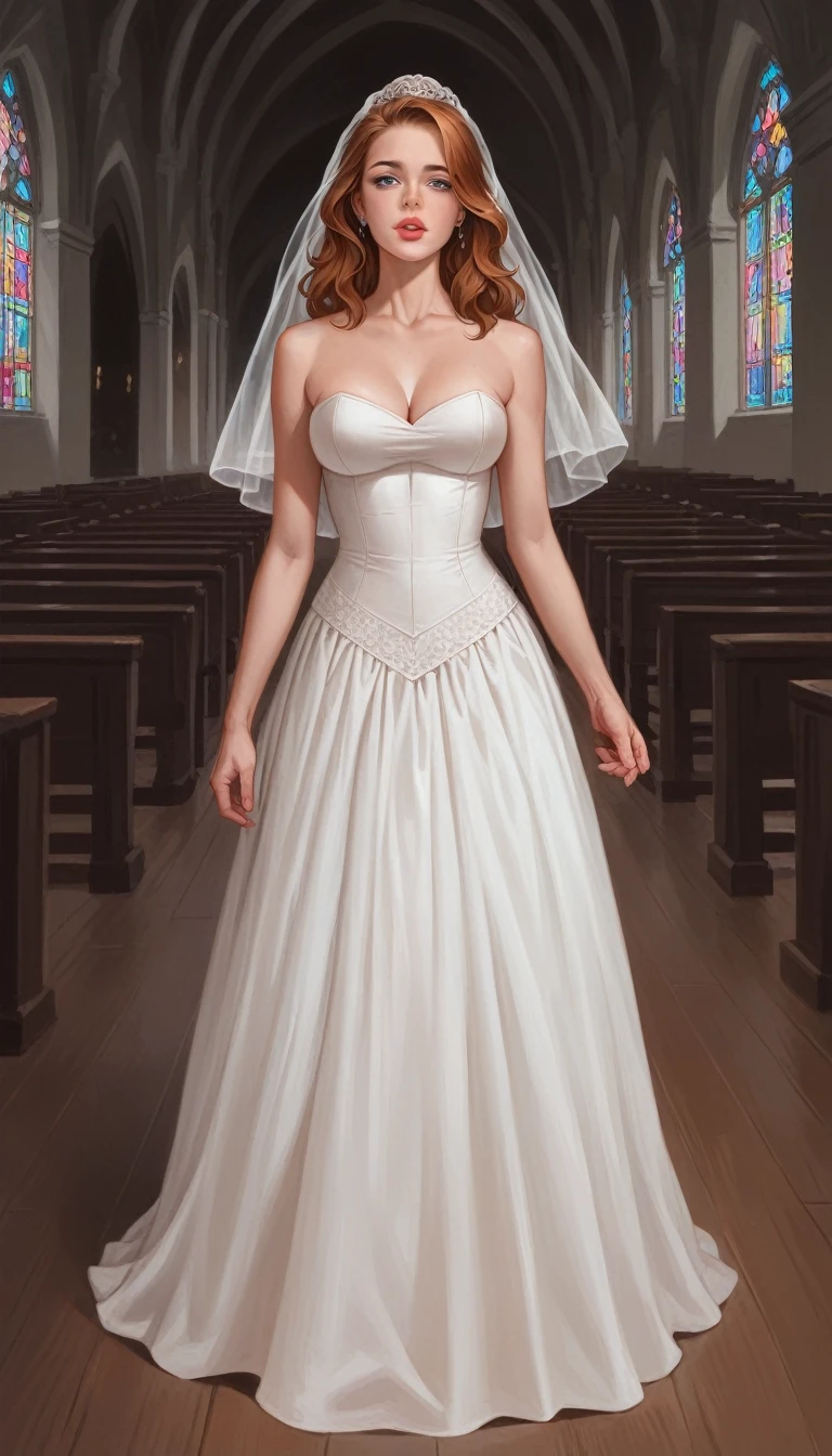 hyperrealistic art cinematic film still view from underneath woman photography in the style of detailed hyperrealism photoshoot, Extremely high-resolution details, photographic, realism pushed to extreme, fine texture, incredibly, melissa fumero woman large broad shoulders, biglips_lipstick_highcheekbones_muse, walking down church aisle in wedding dress, looking upwards proudly 