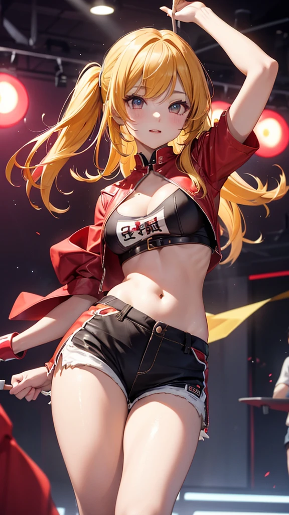 Party Girl、Red revealing clothing、Yellow Hair、Knee-high socks、dance、Communicative skills、Belly button、hot pants、Beauty