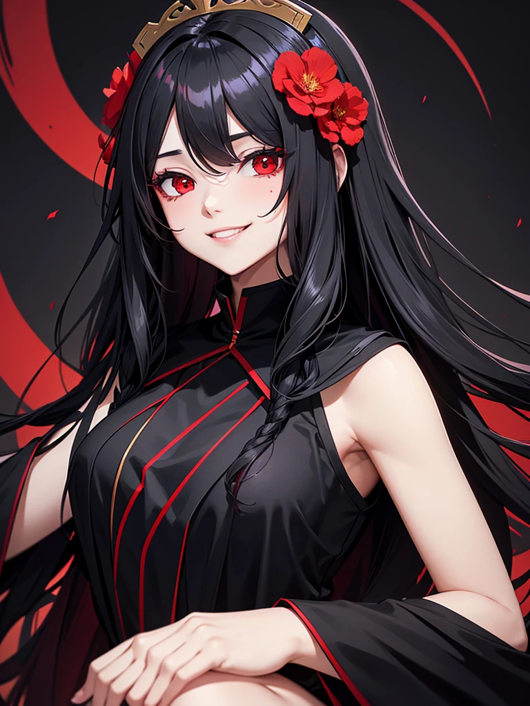 woman, red eyes, black long wavy hair, noble, wearing a black unifrom, wearing flowers on her head. sadistic smile. cruel