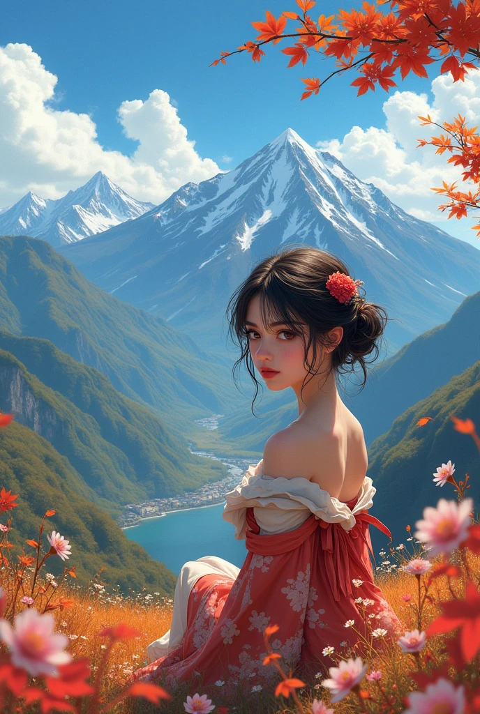 Yoshihiro Togashi style, brunette, female, mountains, sky, landscape, flowers, looking at viewer, autumn