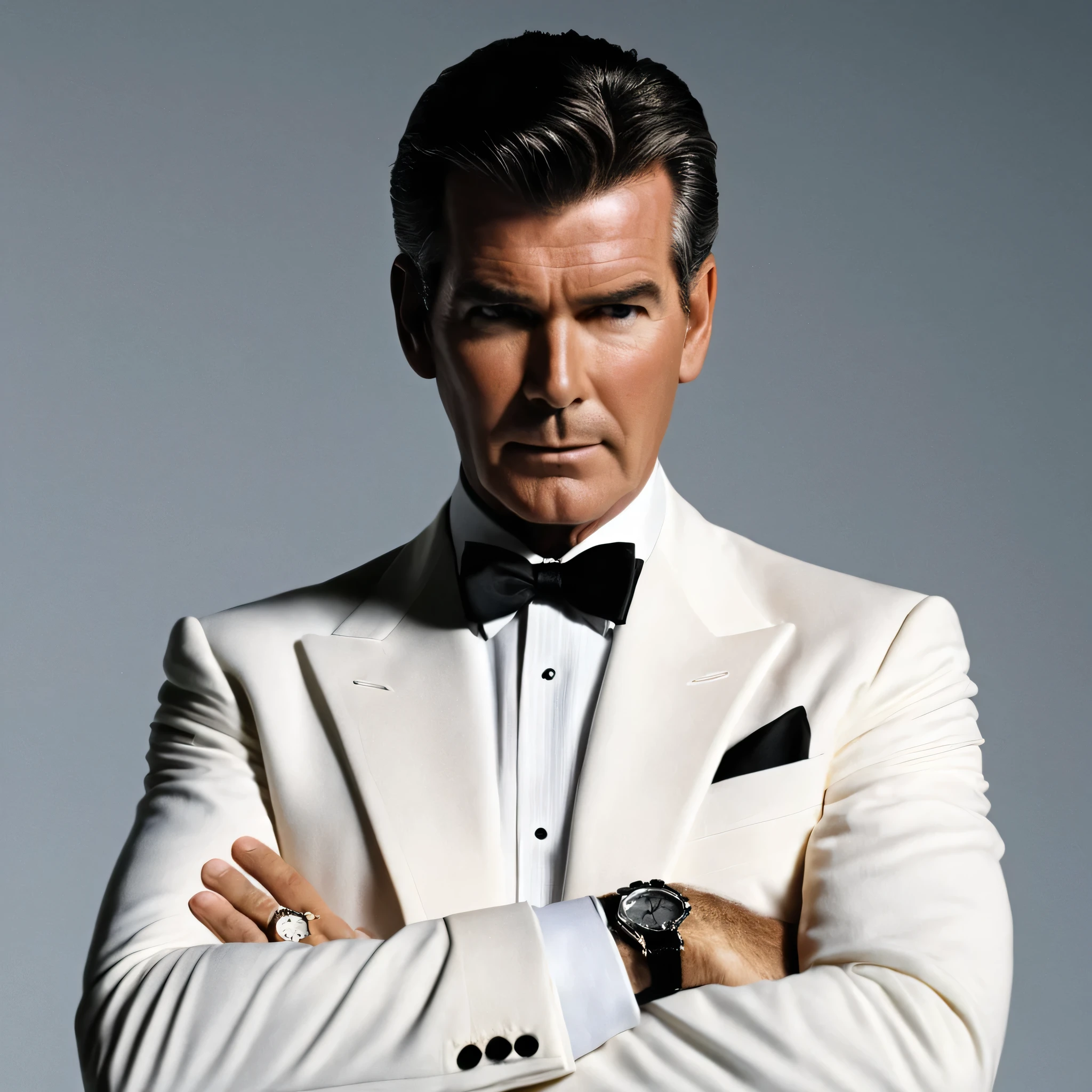 cinematic film still of  Pierce Brosnan jamesbond3 a man in a tuxedo with a clock on his wrist,alone,View your viewers,Simple Background,shirt,Black Hair,Long sleeve,One boy,bow,Jacket,white shirt,Upper Body,Men&#39;s Center,bowtie,Gray background,black bow,Facial hair,formal,suit,clock,black bowtie,Realistic,wristclock,manly,traditional bowtie , Dramatic Light, Dramatic shadow light, contrast, Movie-like colors, Movie-like look, Movie, Realistic, Realism, perfectionion, perfection, Kodak, kodak film, Movie stills, Spy Movies, Action Theme, Espionage, James Bond Style, James Bond Movie Style, 007 Style, 007 movie style, Shallow depth of field, Vignette, Very detailed, High budget, bokeh, CinemaScope, Sulky, amazing, nice, Film Grain, Granular