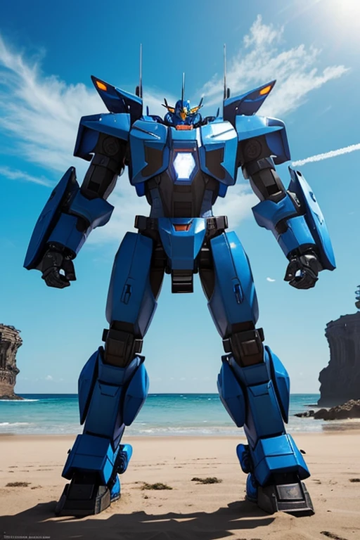 Giant Mech design that is blue that uses massive Gauntlets on its hands for Melee attacks and has 4 arms and that has rocket launchers on the back and on the shoulders that open up make it islander themed