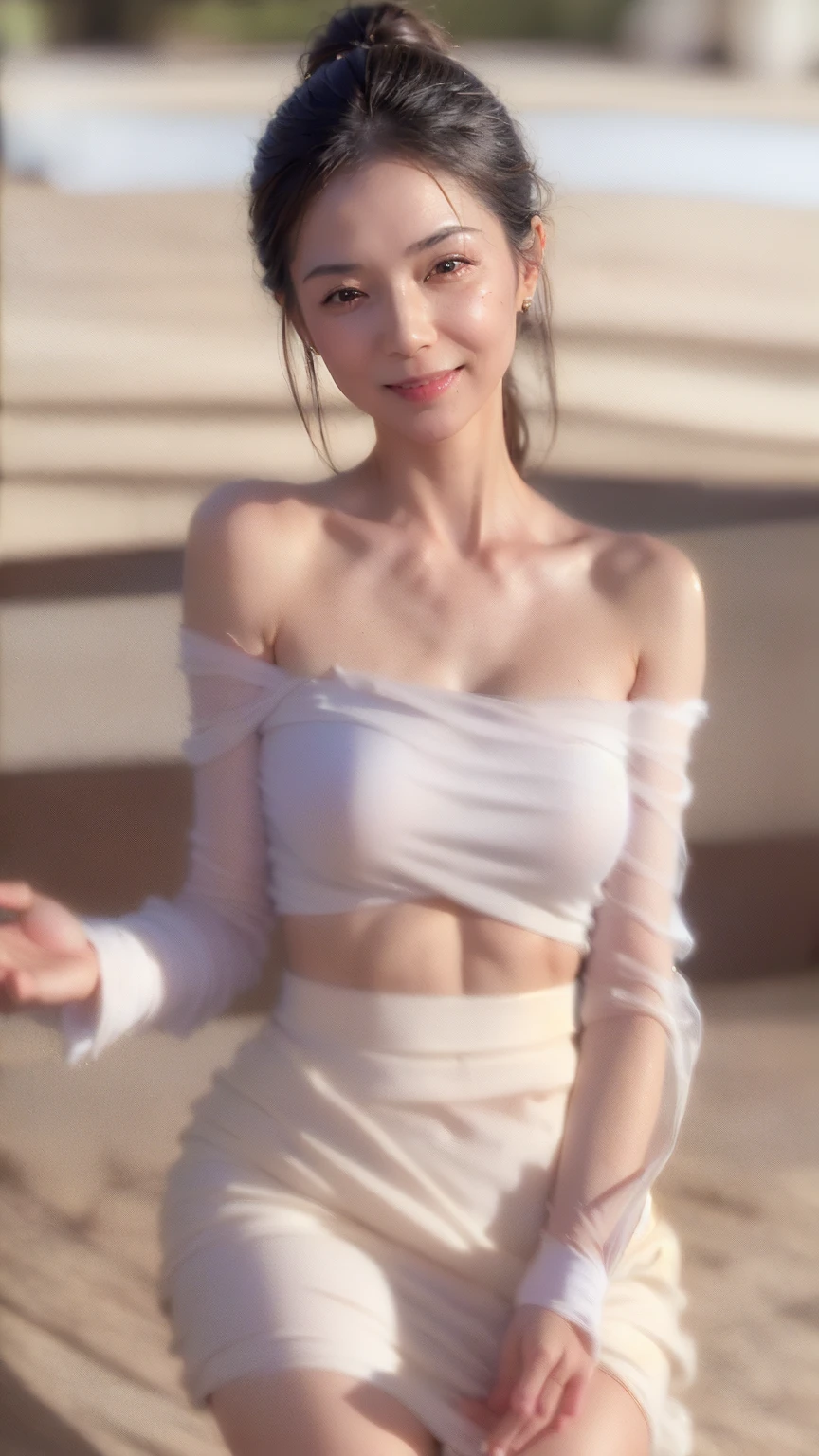((Highest quality, 8k, Ultra-high resolution)), ((masterpiece: 1.3)), (Perfect appearance), (Photorealism: 1.6), (JMA), (Who), (Portrait of a mature Japanese woman), (Blurred Background: 1.8), (sunny day in a park), (Woman standing in the shade), ((Look here)), ((Realistic skin texture)), (Fine wrinkles appear all over the skin, Dullness, Unmoisturized skin, Wrinkles around the eyes, double eyelid, Lower eyelid tear sulcus, Dimples, corner of the eye, Thin eyebrows), Slightly parted lips, Smiling Kindly, (Plain, Round neck, dolman sleeves, Chiffon shirt: 1.2), (Slimming body), (Small breasts), (Tight long skirt),