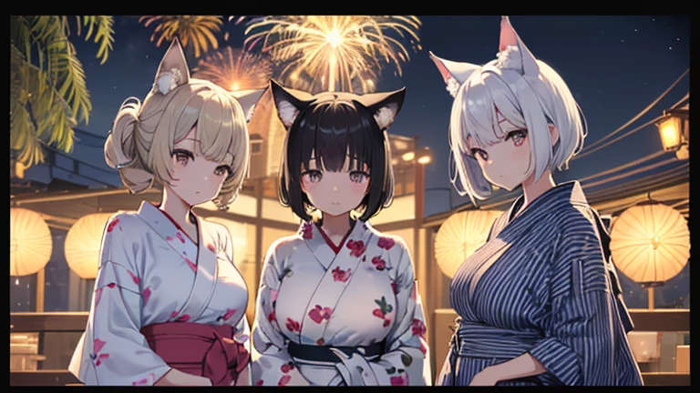 (Printed Polaroid Photo\(3females および3人の女の子 cute,cute,cute Small wolf ears Small wolf ears Small wolf ears White Shorthair Brown short hair Black short hair Petite Petite Petite She has big breasts She has big breasts She has big breasts first round first round first round yukata yukata yukata The background is fireworks