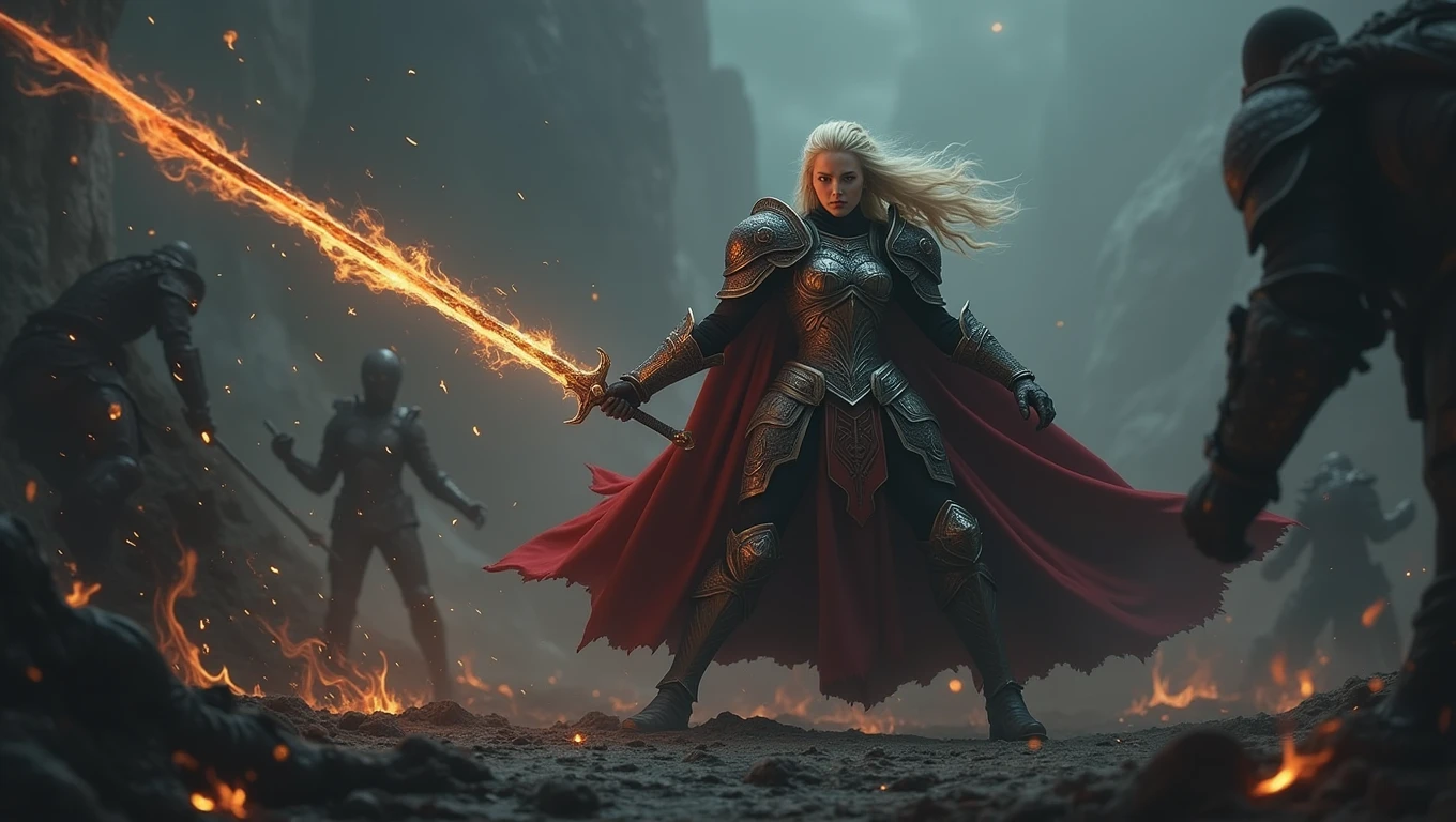 dark fantasy, fierce atmosphere,  Blonde warrior woman, Xeena, pale skin, full plate armor with intricate designs, sword held in one hand in the midst of an intense battle, fighting through flames and shadows, her sword cutting through darkness, flames licking at her armor but she remains unscathed, the ground is molten and cracked, shadowy figures trying to drag her down, but she stands strong, dynamic action shot with fire and shadow elements