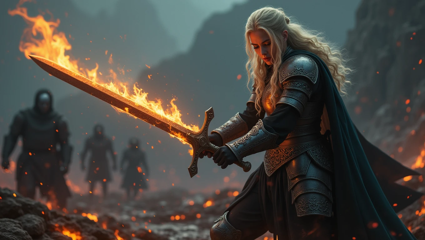 dark fantasy, fierce atmosphere, Blonde warrior woman, Xeena, pale skin, full plate armor with intricate designs, sword held in one hand in the midst of an intense battle, fighting through flames and shadows, her sword cutting through darkness, flames licking at her armor but she remains unscathed, the ground is molten and cracked, shadowy figures trying to drag her down, but she stands strong, dynamic action shot with fire and shadow elements
