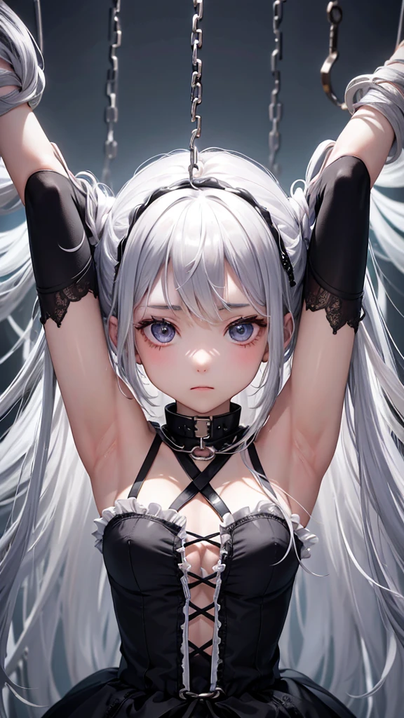 Silver Hair、beautiful girl、Runaway slave girl、Slave Collar、Tattered clothes、Your clothes are torn、Trapped and hung upside down、Hanging from a big tree、Rope gets tangled、Desperately struggling、（（（ＳＦＷ、Highest quality、First class work、Normal body、8k、Detailed face、Ultra-precision、normal hand、Normal refer to、５refer to、Highest）））、Draw the whole body、View from afar