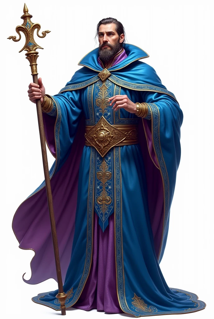 drawning, sharp colors, A Magician, medieval style, holding a staff, blue colors with gold details, fully body, white background, BOARD PIECE, frontal profile