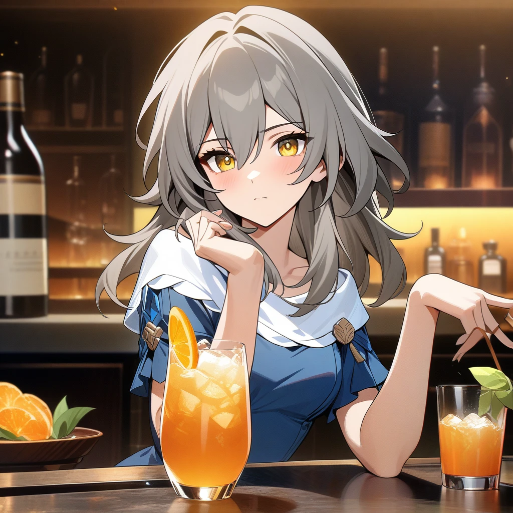 stelle from honkai star rail, stelle, stylish pose, staring at drink glass, orange drink, anatomically correct 1girl, grey hair, golden eyes, beautiful face, rich blue blue dress, frills, bar background, decorative, masterpiece, high quality, hd, 4k, upper body, genshin artstyle, 