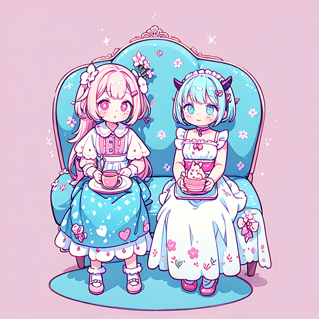 masterpiece, best quality, ultra detailed, beautiful shading, cinematic ligthing, studio lights, cute, kawaii, big eyes, flower pattern on pupil, shaped pupil , cute polka dot pattern on bows, plaid, light pink colored hair,Powder-blue pupils,Wear pink and blue maid outfits,Sweet girl with pure white,full body, full shot, horns, little devil, wow, retro, hairclips, decora, a lot of accessories
