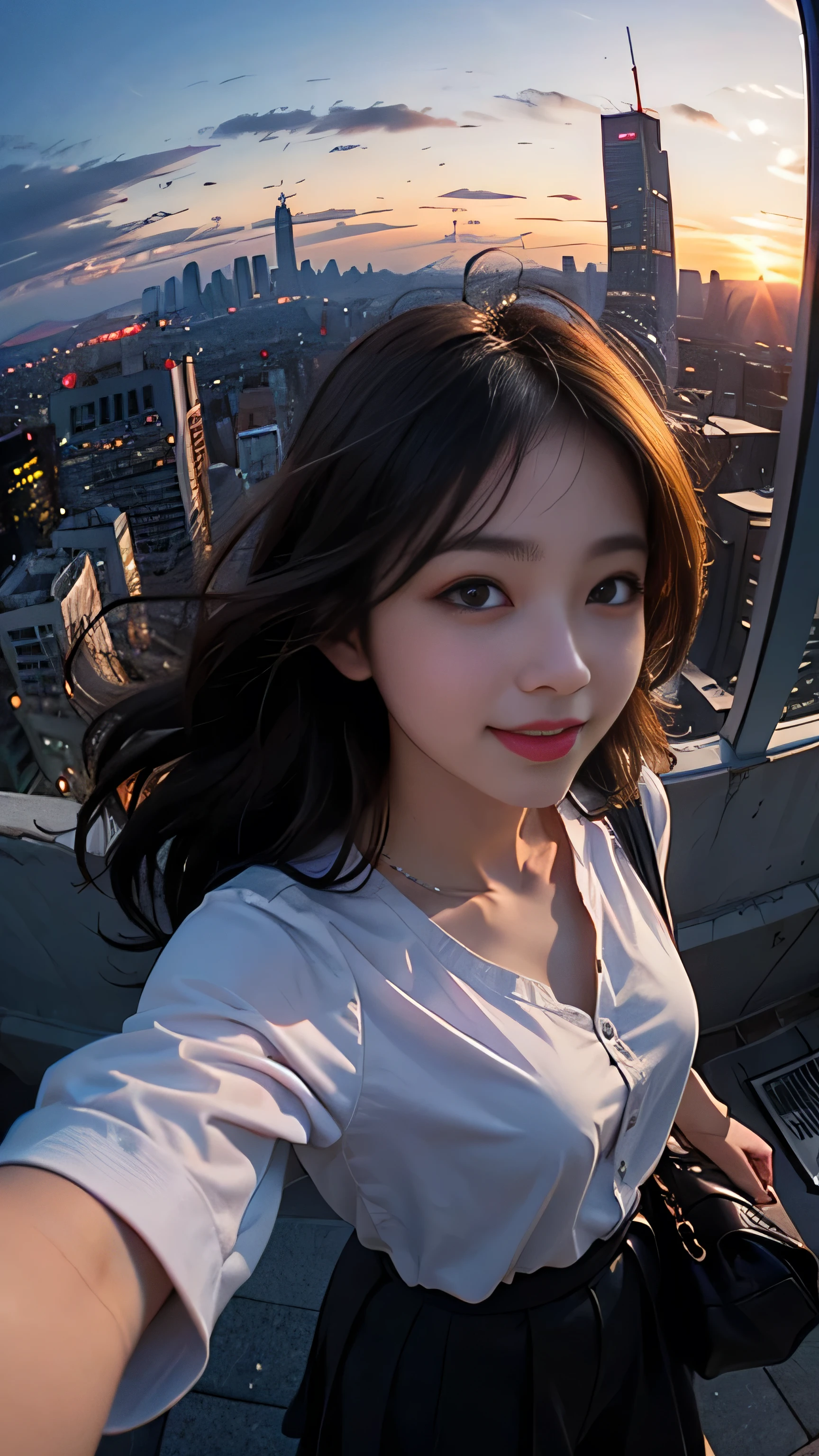 One girl, Korean, Fisheye Lens, Selfie, Wind, Messy Hair, sunset, Cityscape, (Aesthetics and atmosphere:1.2),smile