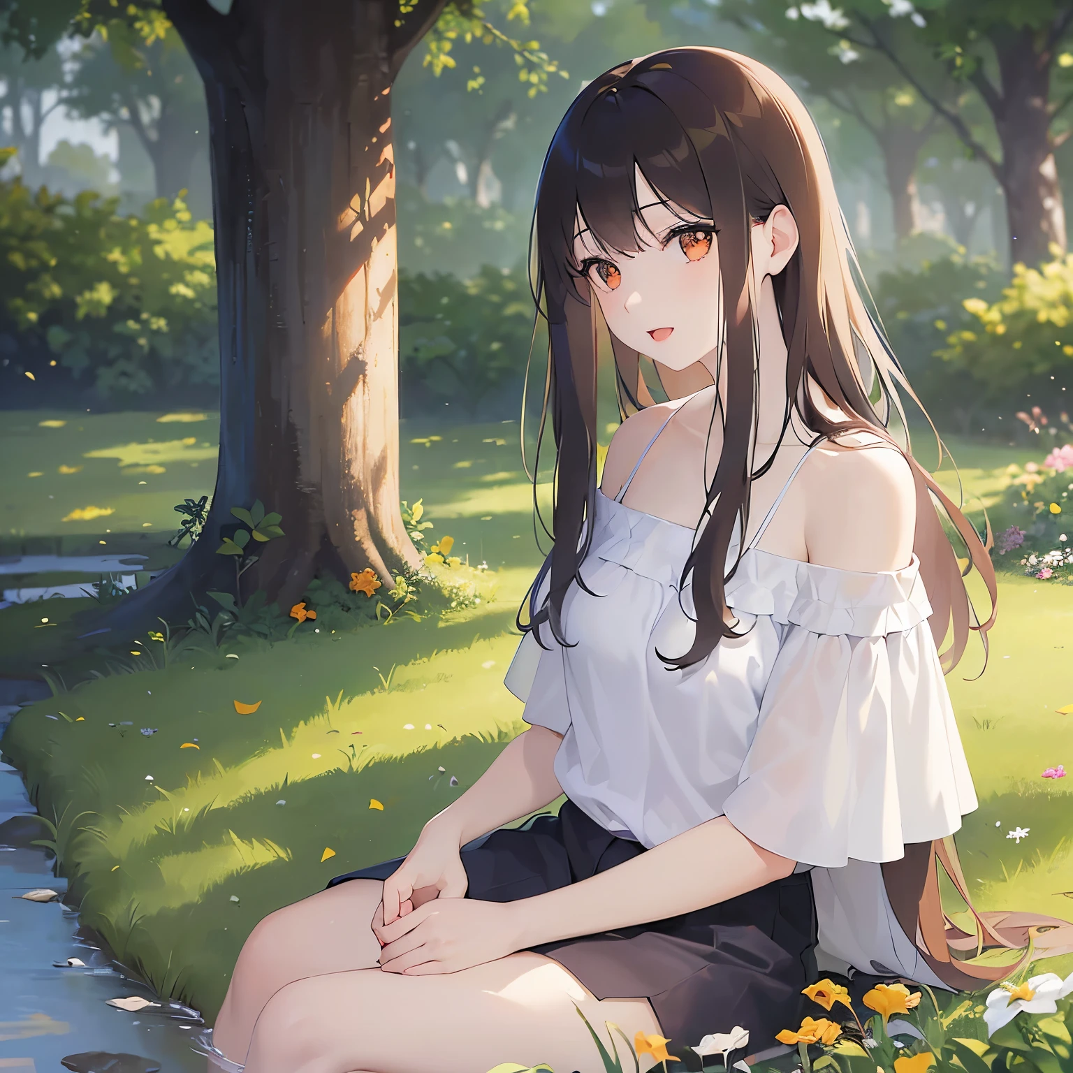 (looking away:1.5)Upper Body, head tilt,sitting,
Realistic, real person, (pale skin: 1.2), RAW photo, photorealistic, shiny skin, shiny hair、
(A 25-year-old woman with medium-length hair and bangs) and (wavy hair) and (brown hair) and (orange eyes),
(white) and (off shoulder blouse),
smile,open mouth,garden、grass、(alone:1.5)