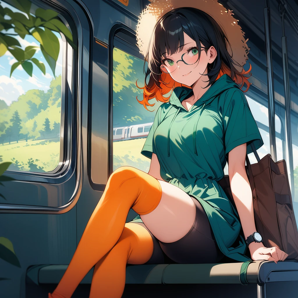 (masterpiece),(best quality),very aesthetic,(ultra-detailed),(super-fine illustration),vibrant colors,high saturation,nsfw,1girl,25yo,slender,tall,medium hair,black hair,natural wave hair,flipped hair,dark green eyes,comfortable,smirk,(glasses,straw hat with leaf color ribbon:1.2),Carry bag with casters,(thigh-high parka dress with gradient earth color,black bike shorts),short sleeves,Sneaker Shoes,short orange socks,wristwatch,on train,sitting on train sheet,looking away,looking outside,summer,countryscape,cowboy shot,Boarding a moving train
