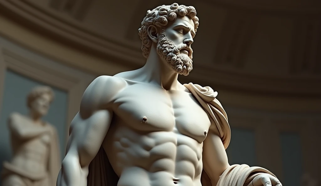 a close-up of a stoic Greek statue with a very muscular body at dramatic angles, strong arms, cinematic, 8k, cinematic, showing the upper body from chest to abdomen, powerful with a thick beard, highly detailed sculpture, similar to Marcus Aurelius. Cinematic, 8K, with blurred background of ancient Greece at the time of Caesar. High detail, refined matte painting style, 4K resolution,