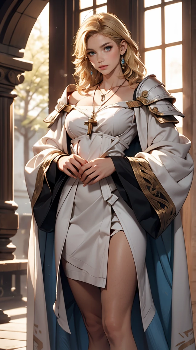Long, thin, symmetrical blonde clear blue eyes make up ombre Large Cross Necklace break poor class very tiny breasts Medieval armor and white robes bare feet ((1beautiful 2 )) Off The Shoulder slight freckles (skinny) perfil whole body