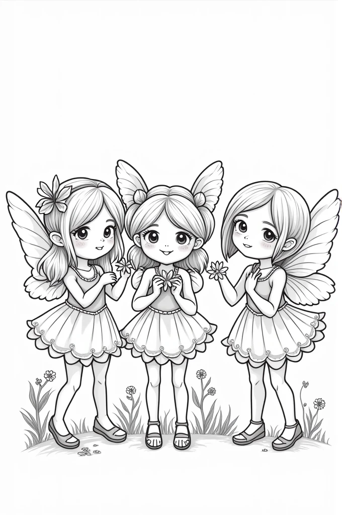 Portrait, for kids colouring,  no colour, no gray-scale, no background, plain art, simple art, cartoon style, hd quality, 3 fairies picking a flowers