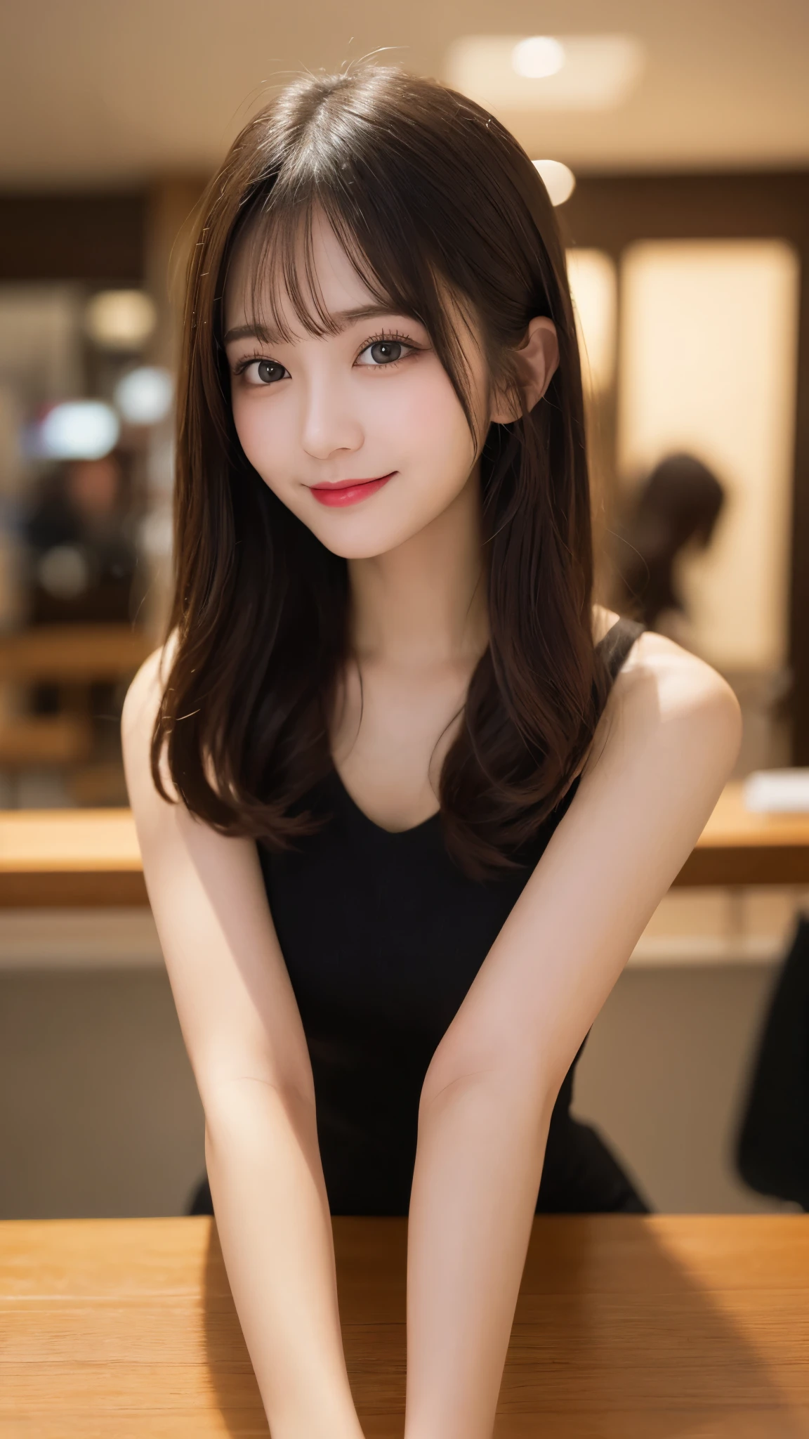 Tabletop, Highest quality, shape, Very detailed, finely, High resolution, 8k wallpaper, 完璧なダイナミックな構shape, Beautiful and detailed,ランダムなcute髪,,Natural color lip, Bold sexy pose,smile、20-year-old girl、cute、Looking into the camera,Always blur the background,Perfect and beautiful face,Slim face and figure,Big eyes、Putting on gal makeup,Small face,Shooting from below、smile,Blurred Background,Elegant feminine face、Cyberpunk Fashion、smile