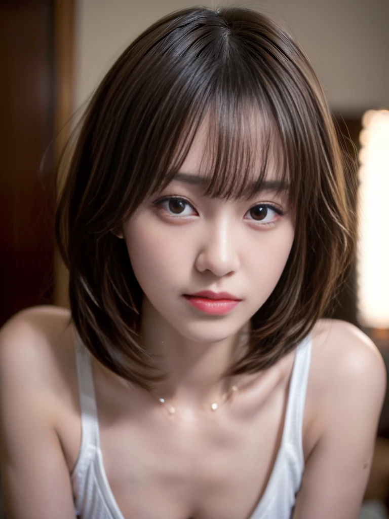 (8k, RAW Photos, Highest quality, masterpiece:1.2), (Realistic, photo-Realistic:1.4), (extremely detailed 8k wallpaper), Famous Japanese Idols, 20 year old girl, Korean Model, Narrow Face, Detailed face, Perfect female body, Toned Up, Medium Short Hair, Messy Hair, Blunt bangs, Light brown hair, camisole, (Conceit:1.2),
