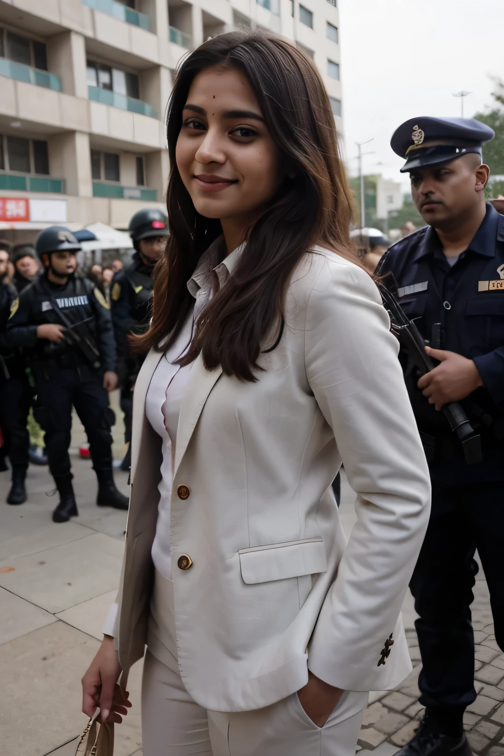 ((best quality)), ((masterpiece)), (detailed),
A 21 year old beautiful Indian girl with long hair smiling face beautiful eyes not looking at camera wearing suit coat pant protected by z+ security with her making way by clearing crowds from side and front by security forces and personal bodyguards protecting her from every way and giving security full pic long distance