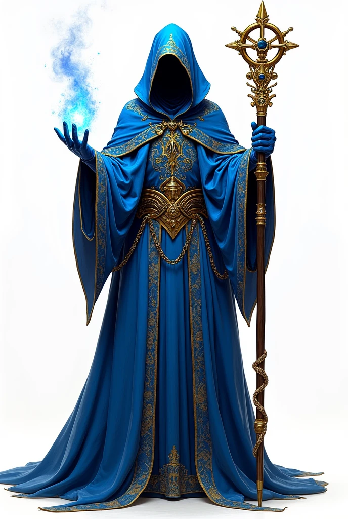 drawning, sharp colors, A Magician, medieval style, holding a staff, blue colors with gold details, fully body, white background, BOARD PIECE, seen from the front