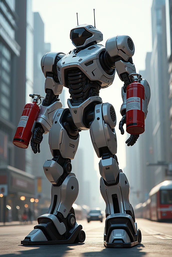 robot drawing that has 2 fire extinguisher in both arms, has a censor head and a legs that similar to a tank
