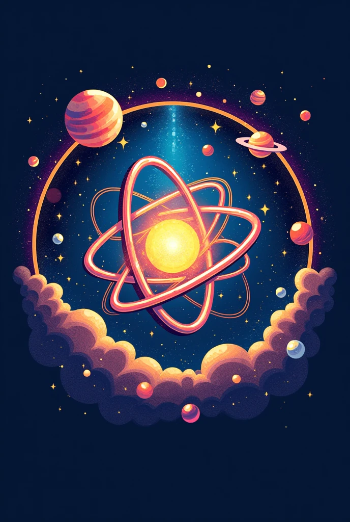 Science club logo with touch of the universe, environment, atoms, experiments, and A.I. The logo is also imitating fun and love to science. The shape of the logo is circle