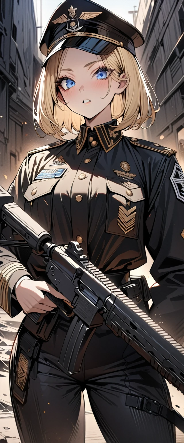 Bobcut　Blonde　forehead　soldier　Nazis　uniform　Officer　陸軍Officer　Black costume　Army Costume　Army Caps　Long sleeve　Long trousers　((Loose-fitting clothing))　Holding an assault rifle　((Upper Body))　Big eyes　Blue eyes　Highest quality　Super detailed　detailed woman　High quality　8k　