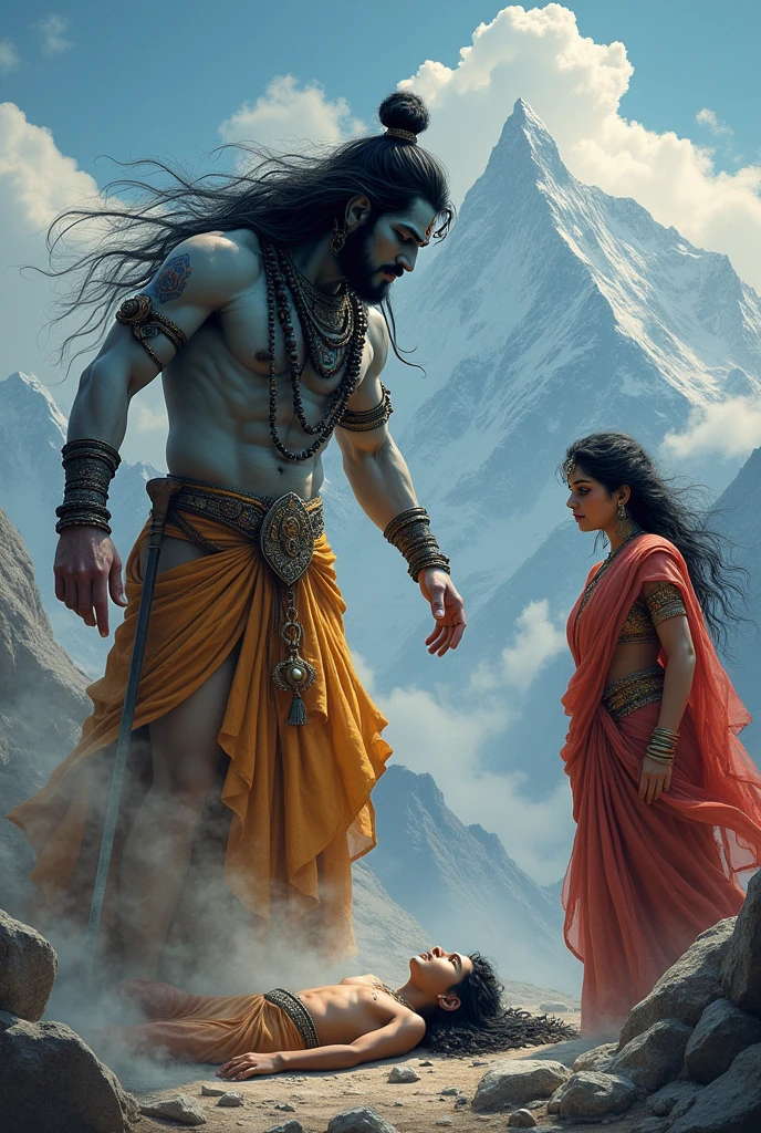 Lord Shiva has cut the head of small cute boy
The beheaded body of boy is lying down
Lord Shiva is angry
Maa Parvati is crying
Background has to be Himalayas