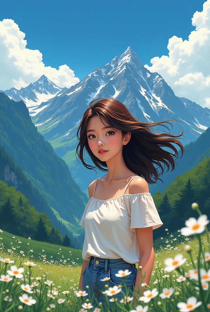 Yoshihiro Togashi style, brunette, female, mountains, sky, landscape, flowers, looking at viewer, spring