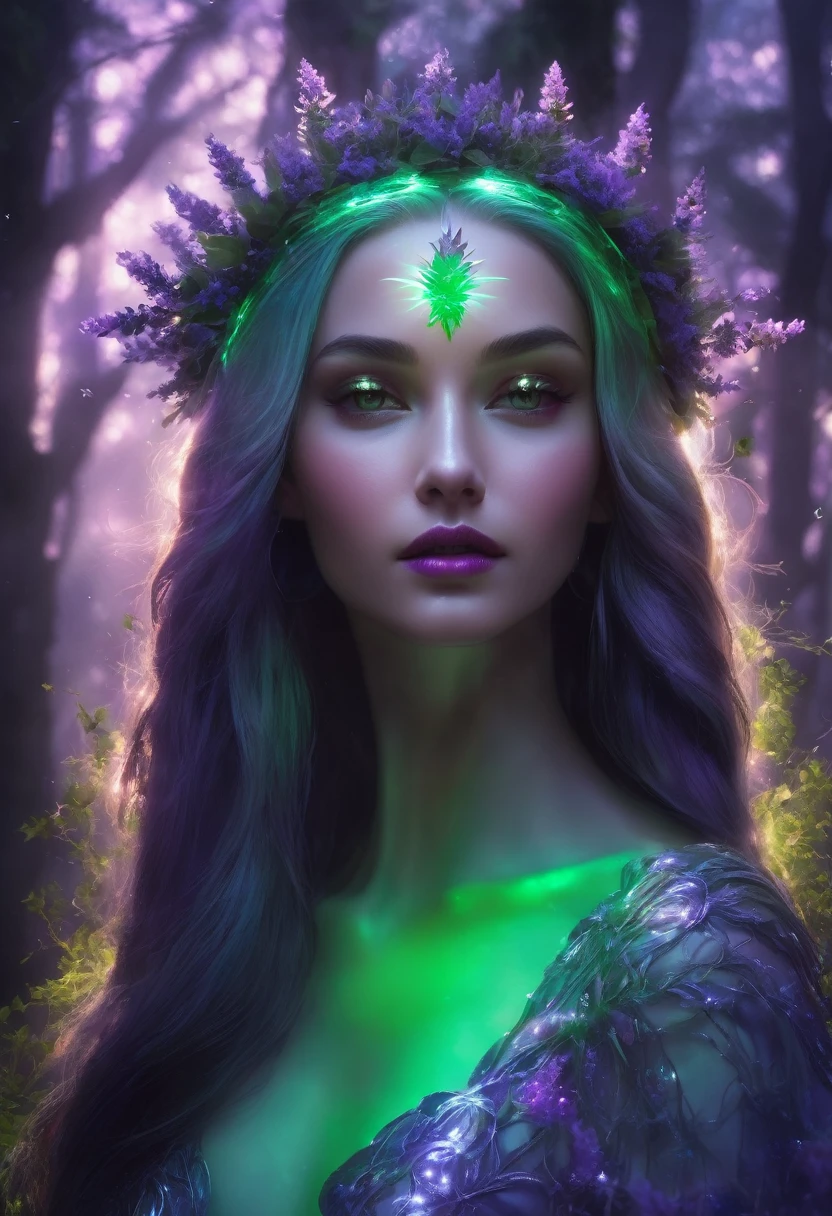 Luminous magic queen clear skin divine look lavender lighting green forest plants files glowing lengthy hair glossy lips