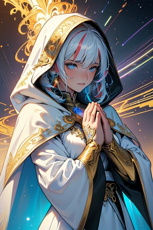(masterpiece, top quality, best quality, official art, beautiful and aesthetic:1.2), (1girl), extreme detailed, (fractal art:1.3), colorful, highest detailed, perfect face, upper body, HDR, (praying:1.3), (white cloak golden lines:1.2), galaxy, (light streaks), striking visuals, (dynamic streaks, luminous trails:1.2), vibrant colors,
