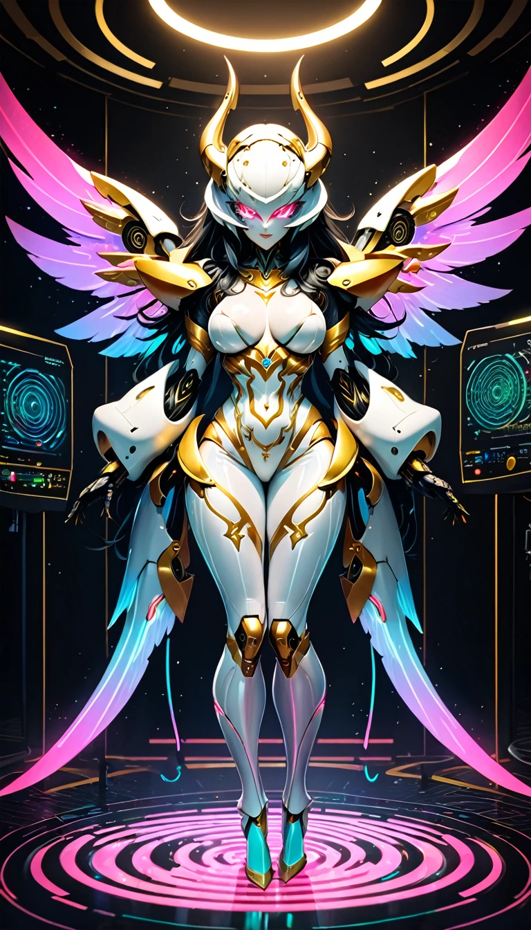 beautiful robot that is fusion of succubus and fallen angel, with beautiful form, wearing white and gold shiny  with fine lines seven-color neon light diagram pattern, superlative body proportion, background huge room with analyzers, labs, shading effects, gradation magic effects, foggy filter effects, glitter effects, (ultra detailed, absolutely resolution, best quality:1.3), 2.5D, delicate and dynamic, artistic photography, hyper realistic, graphic CG digital art