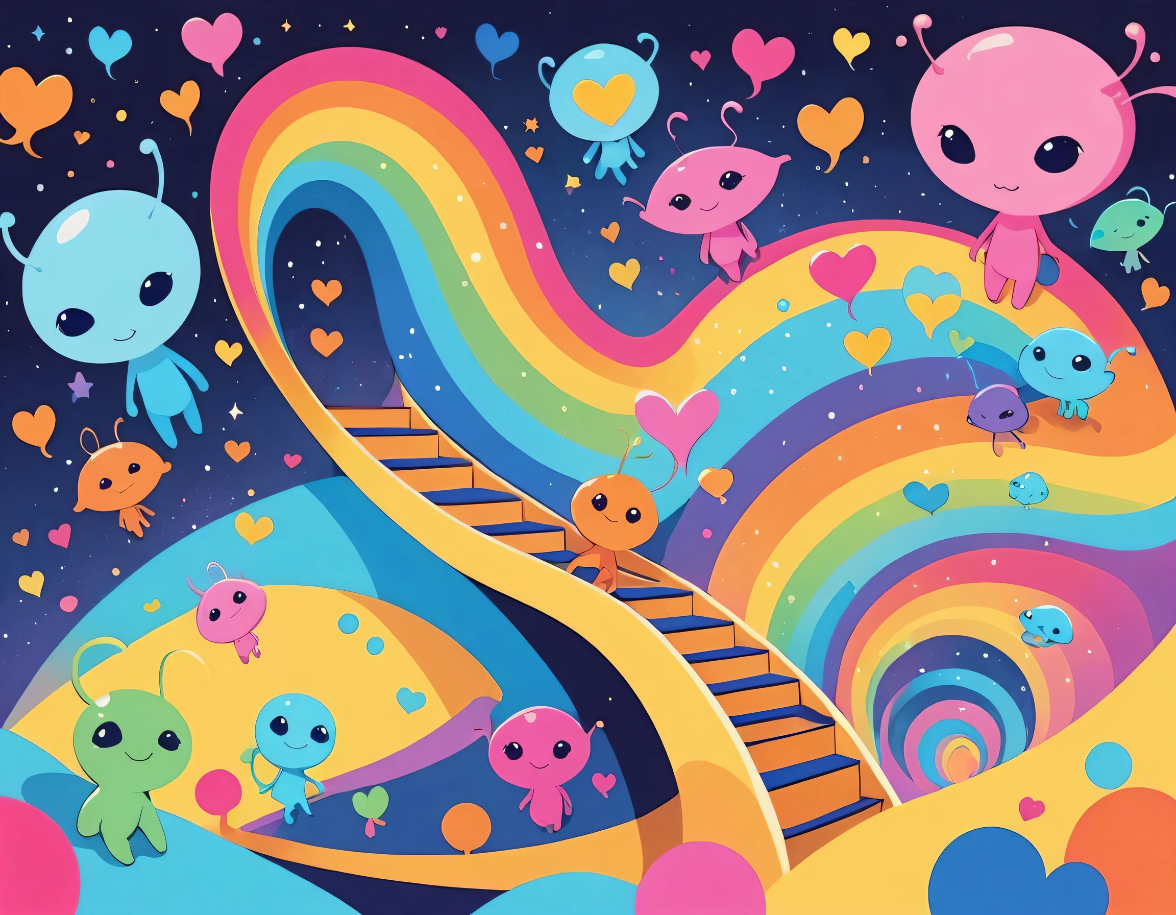 12stairs colorfull style, Simple Line Initialism，Abstract art, girls, colorful hearts, funny design, (((Cute Aliens))), The background is space