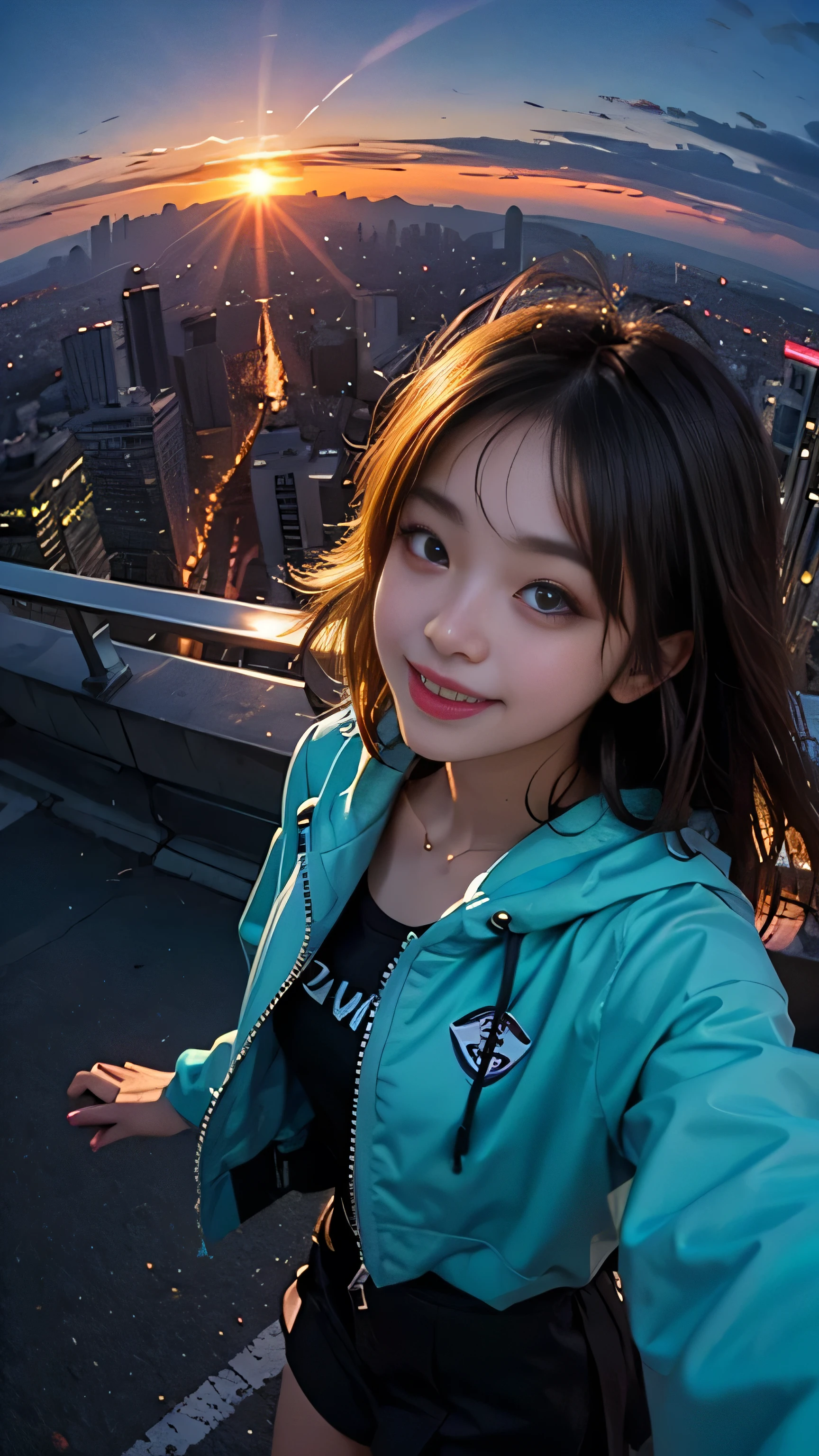 One girl, Korean, Fisheye Lens, Selfie, Wind, Messy Hair, sunset, Cityscape, (Aesthetics and atmosphere:1.2),smile