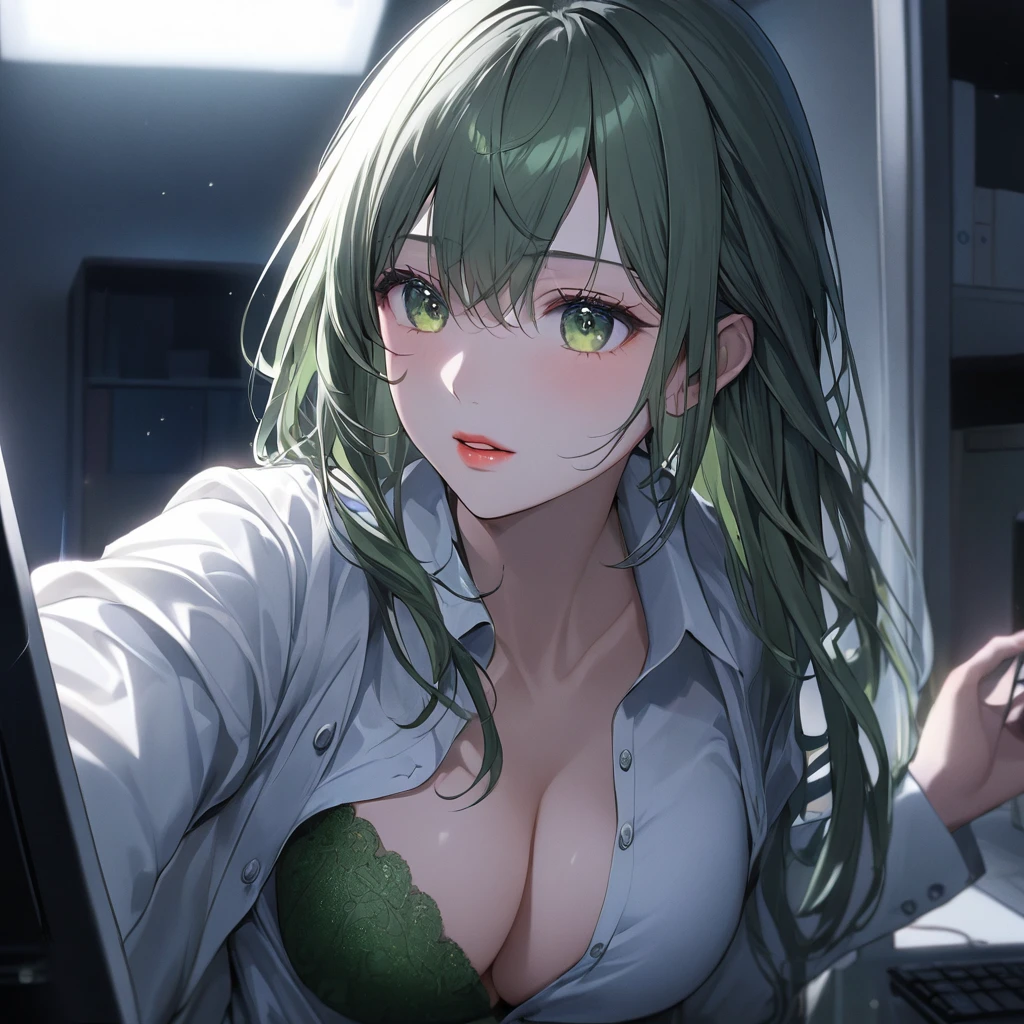 A formal grey suit。He is wearing a slightly open white shirt underneath.、There are some buttons left open at the top。Parting my hair、Lips slightly open。At night in the office, only the computer light is on。A woman approaching。Focus on face and chest, showing cleavage and lacy green bra through open shirt buttons