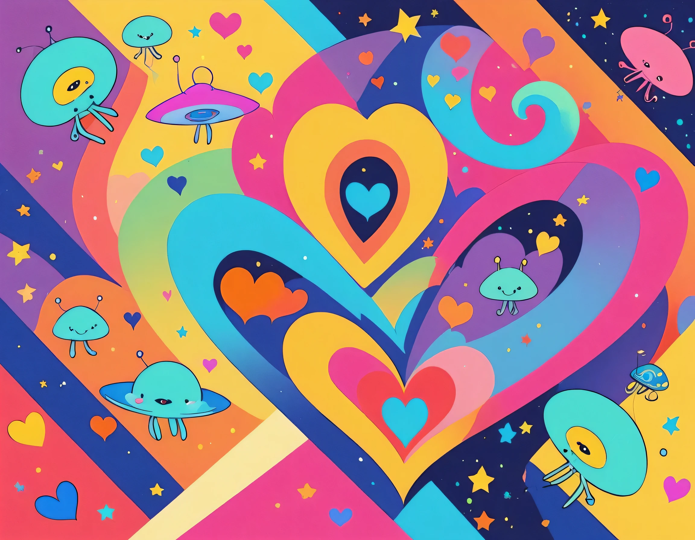 12stairs colorfull style, Simple Line Initialism，Abstract art, girls, colorful hearts, funny design, (((Cute Aliens))), The background is space