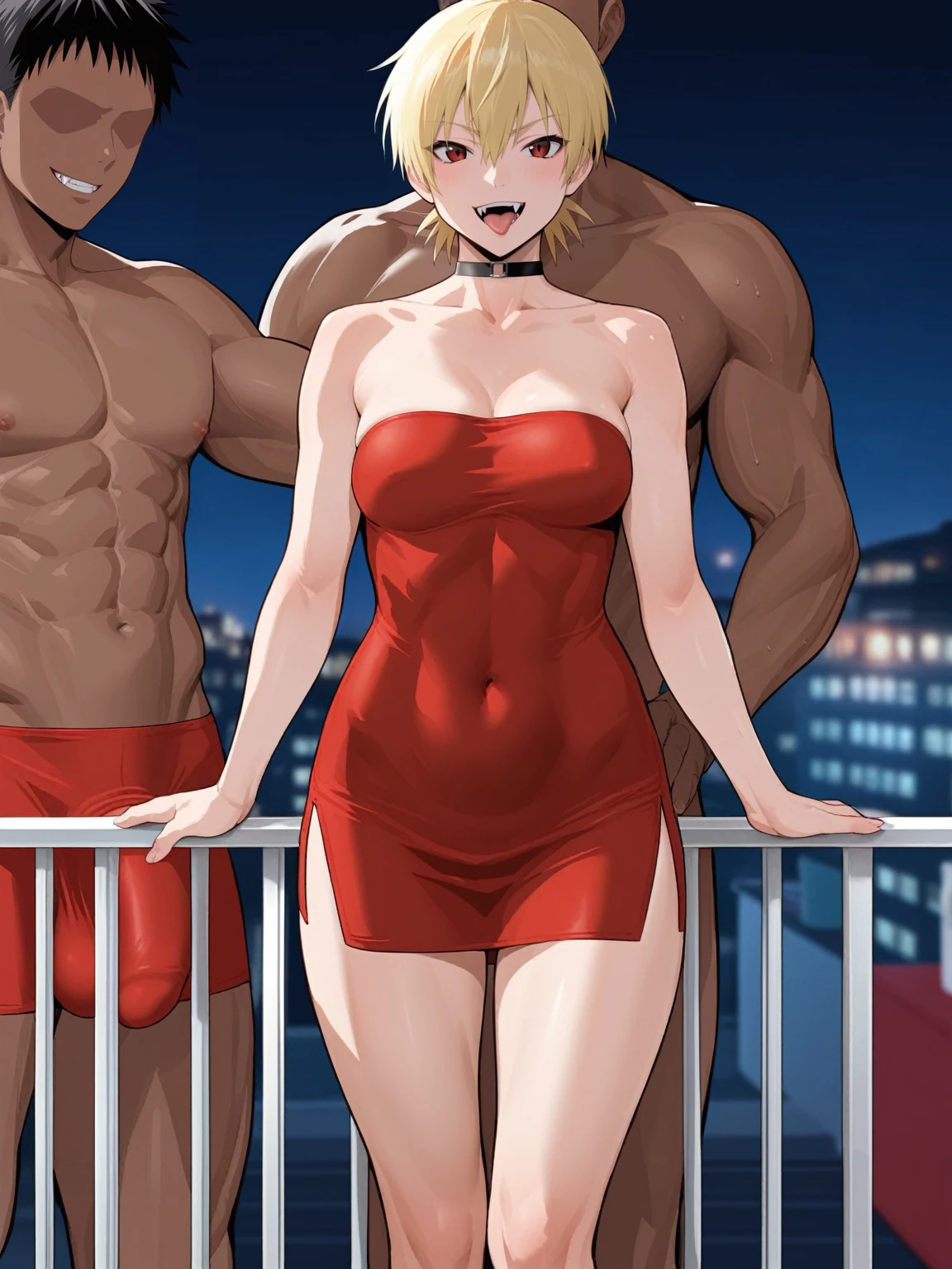 score_9, score_8_up, source_anime, standing, hellsing, seras, blonde hair, nude, indoors, night, night sky, nighttime, vampire, smirk, fangs, ikuchan, balcony, town background, nude male, huge penis, huge testicles, muscular male, medium breasts, boyfriend, couple, looking at viewer, faceless male, dark skinned male, cuckold pov, ntr, netorare, standing side by side, standing, cuckolding, cuck, 1girl, 1boy, interracial, BLACKED, bbc, raceplay, smug, humiliation, ((faceless male)), ((size difference)), tall male, ((worship)), licking abs, ((dark skinned male))), gown, dress, bulge, navel, short dress, red dress, furry, tiger, anthro on human, tiger girl, chubby, bbw, male head out of frame, ((size difference)), li, ((large male)), black haired male, solo focus, choker, solo focus 