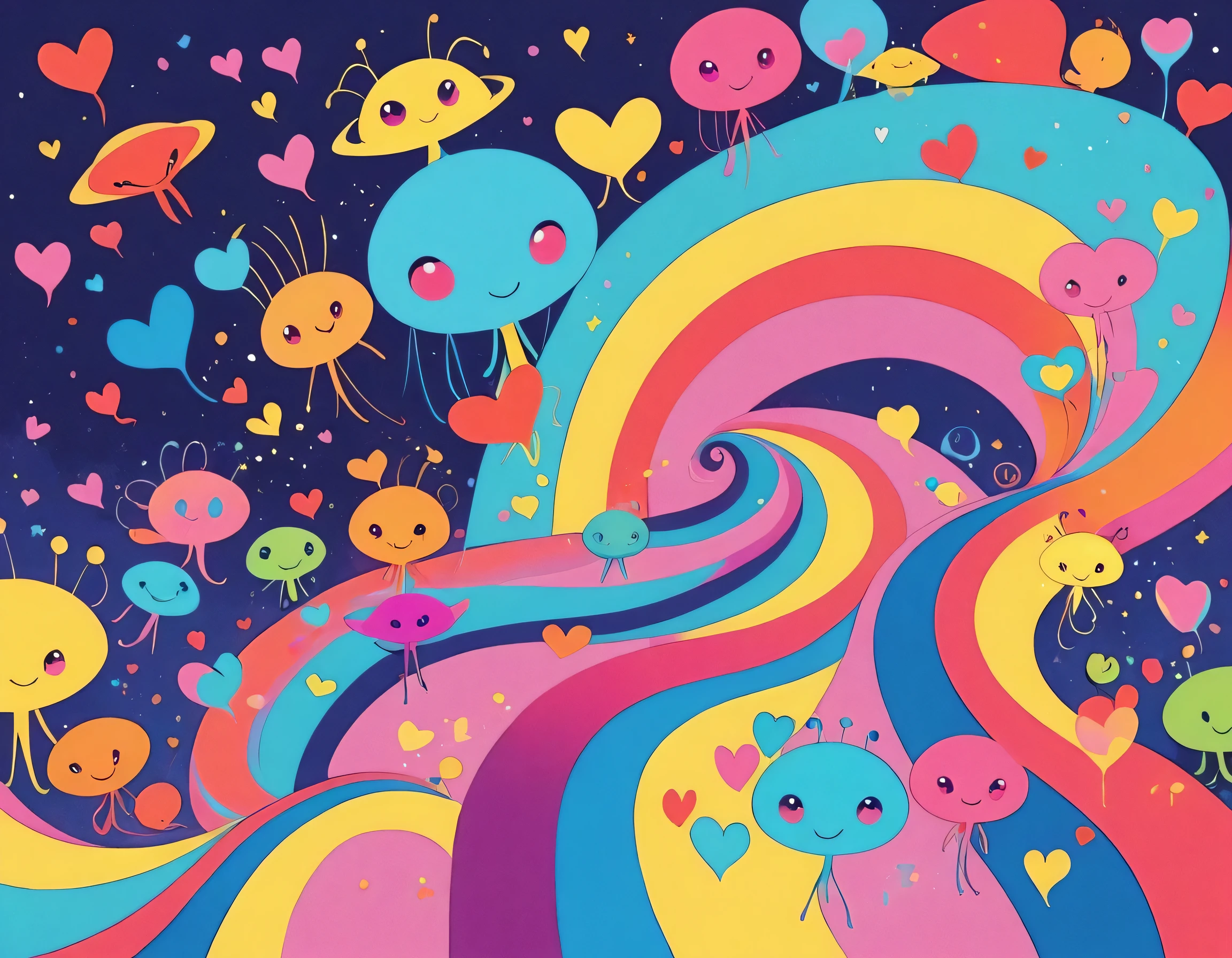 12stairs colorfull style, Simple Line Initialism,Abstract art, girls, colorful hearts, funny design, (((Cute Aliens))), The background is space