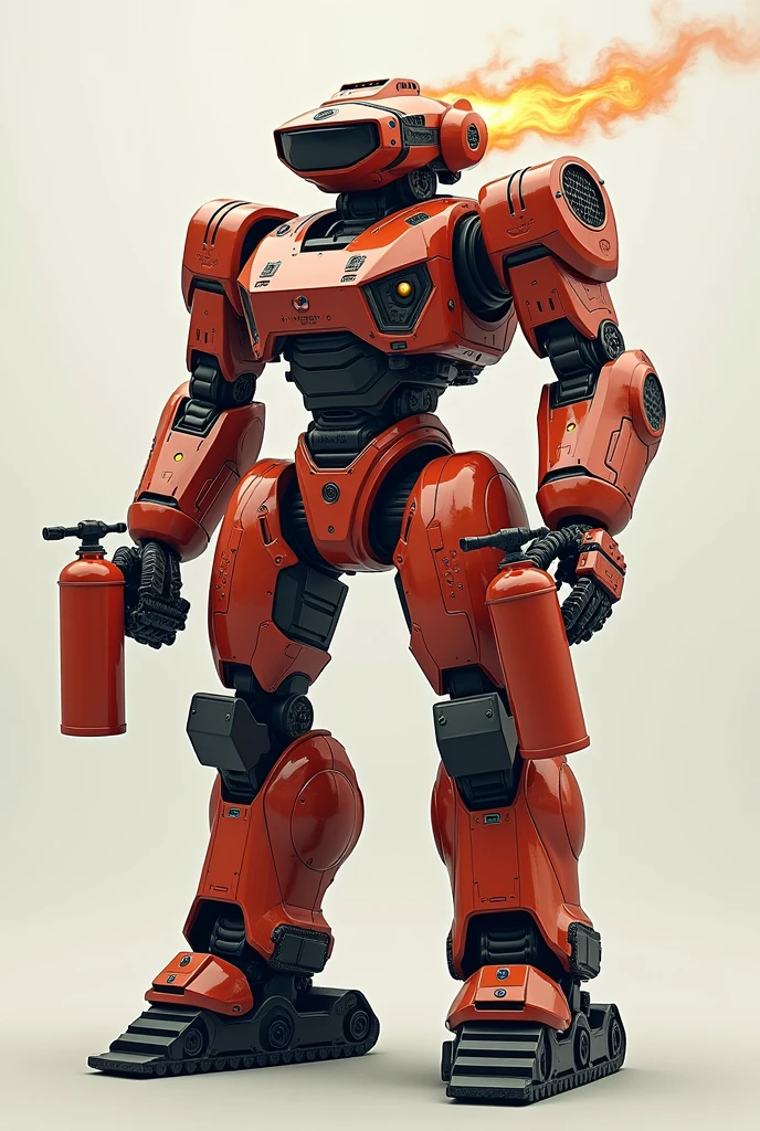 make me a sketch drawing robot that has 2 fire extinguisher in both arms, has a censor head and a legs that similar to a tank