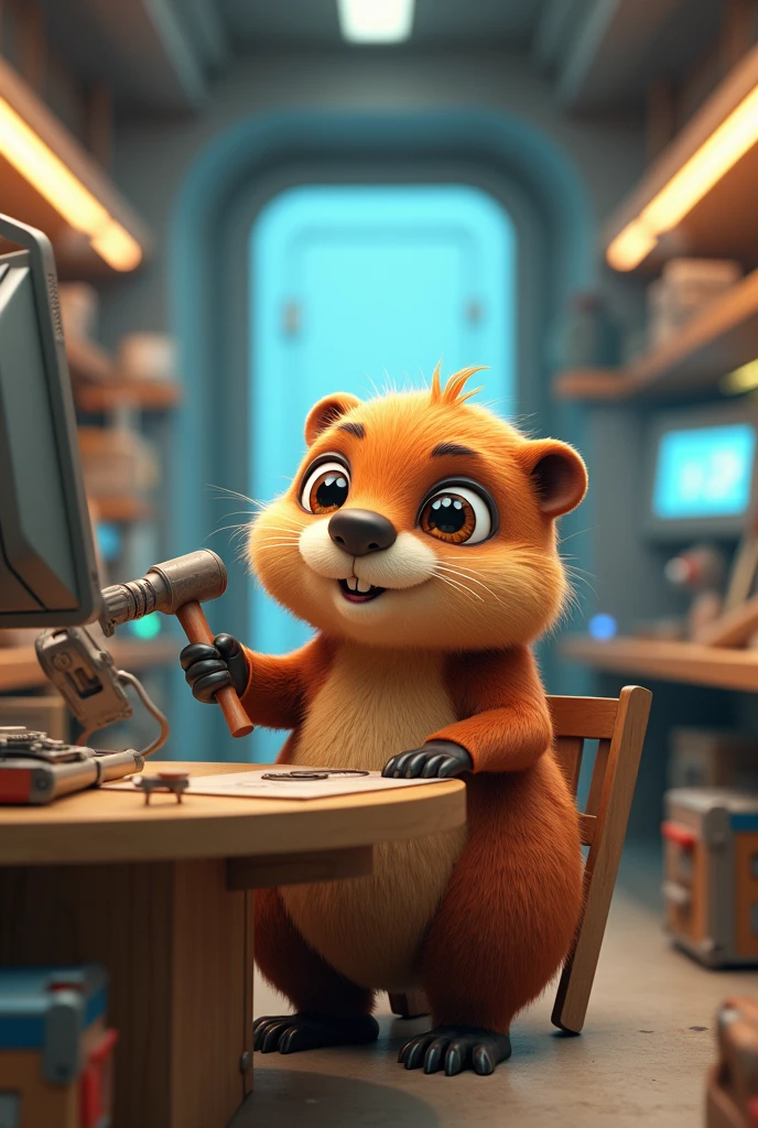 Cute female beaver workshop siting wood chair futuristic google sawing hammer