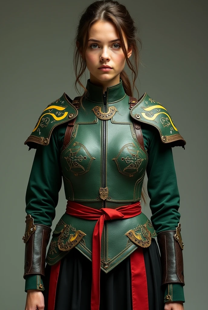 Larp Outfit, sketch, artist costume but as warrior with light leather armor sketch of outfit for live action roleplay but it should look like the warrior is also an artist with colors etc for women with the colors dark green, light green, yellow, black and red