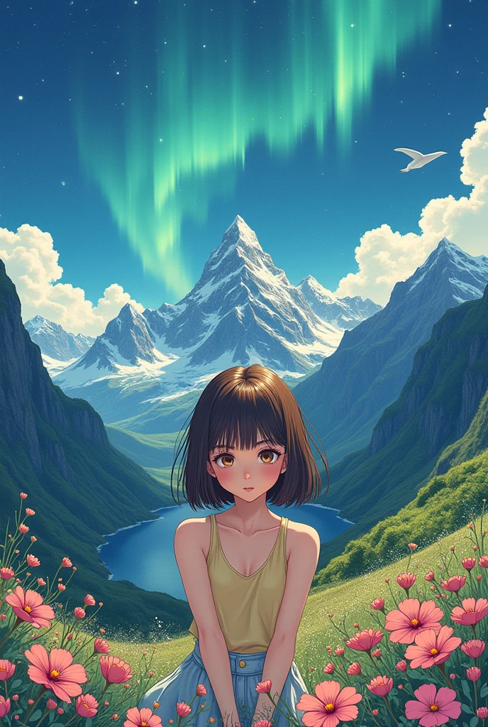 Yoshihiro Togashi style, brunette, female, mountains, sky, landscape, flowers, looking at viewer, aurora borealis