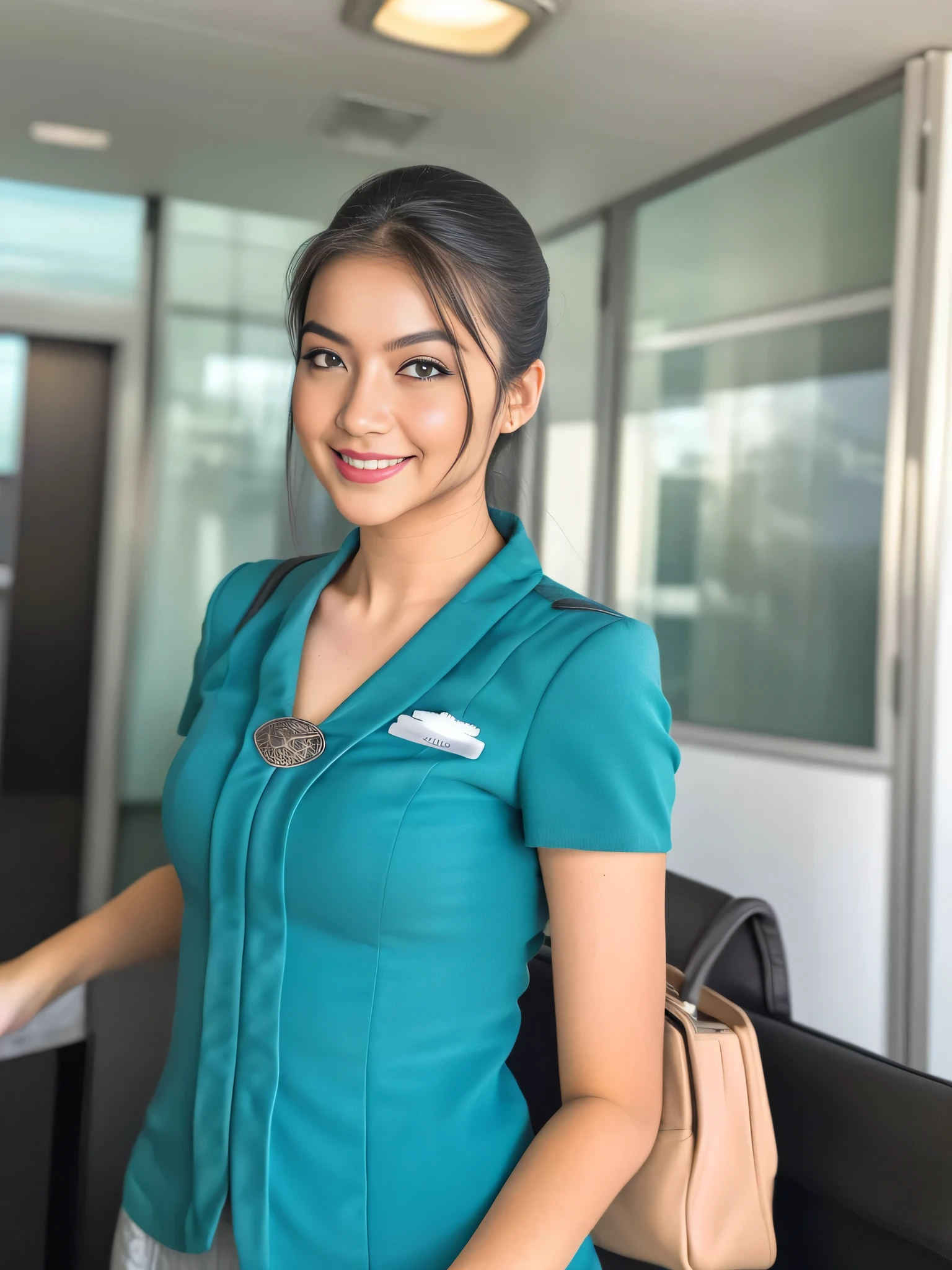 1girl, solo, 19 years old, in the middle of a large airport, seductive pose, thick medium breasts, semi-curvy body, smooth realistic skin, cute little smirk, wearing flight attendant uniform, looking at the audience, (zoom-out:1.4), (8k, RAW photo, best quality, masterpiece: 1.4), (realistic, realistic: 1.37), ultra-high resolution, cowboy shot