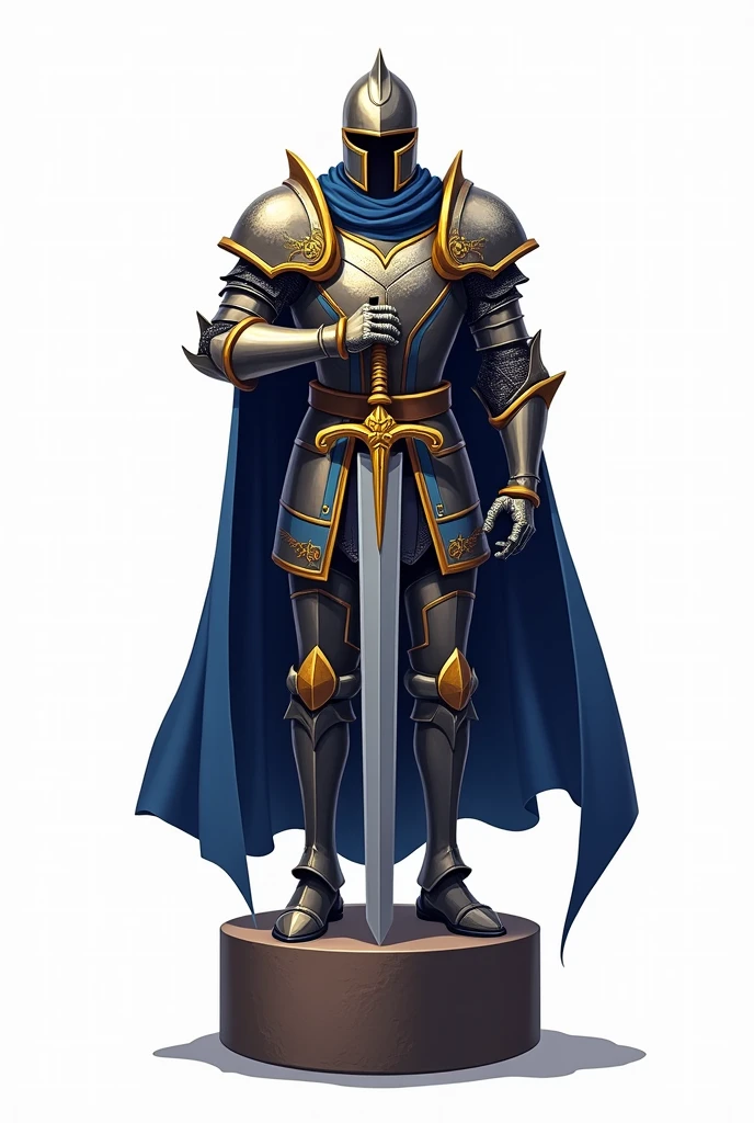 drawning, sharp colors, a Paladin, medieval style, holding an epée, blue colors with gold details, fully body, white background, BOARD PIECE, seen from the front