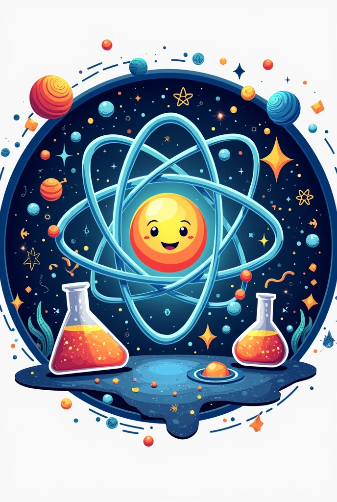Science club logo with touch of the universe, environment, atoms, experiments, and A.I. The logo is also imitating fun and love to science. The shape of the logo is circle and it has elements that imitates laboratory