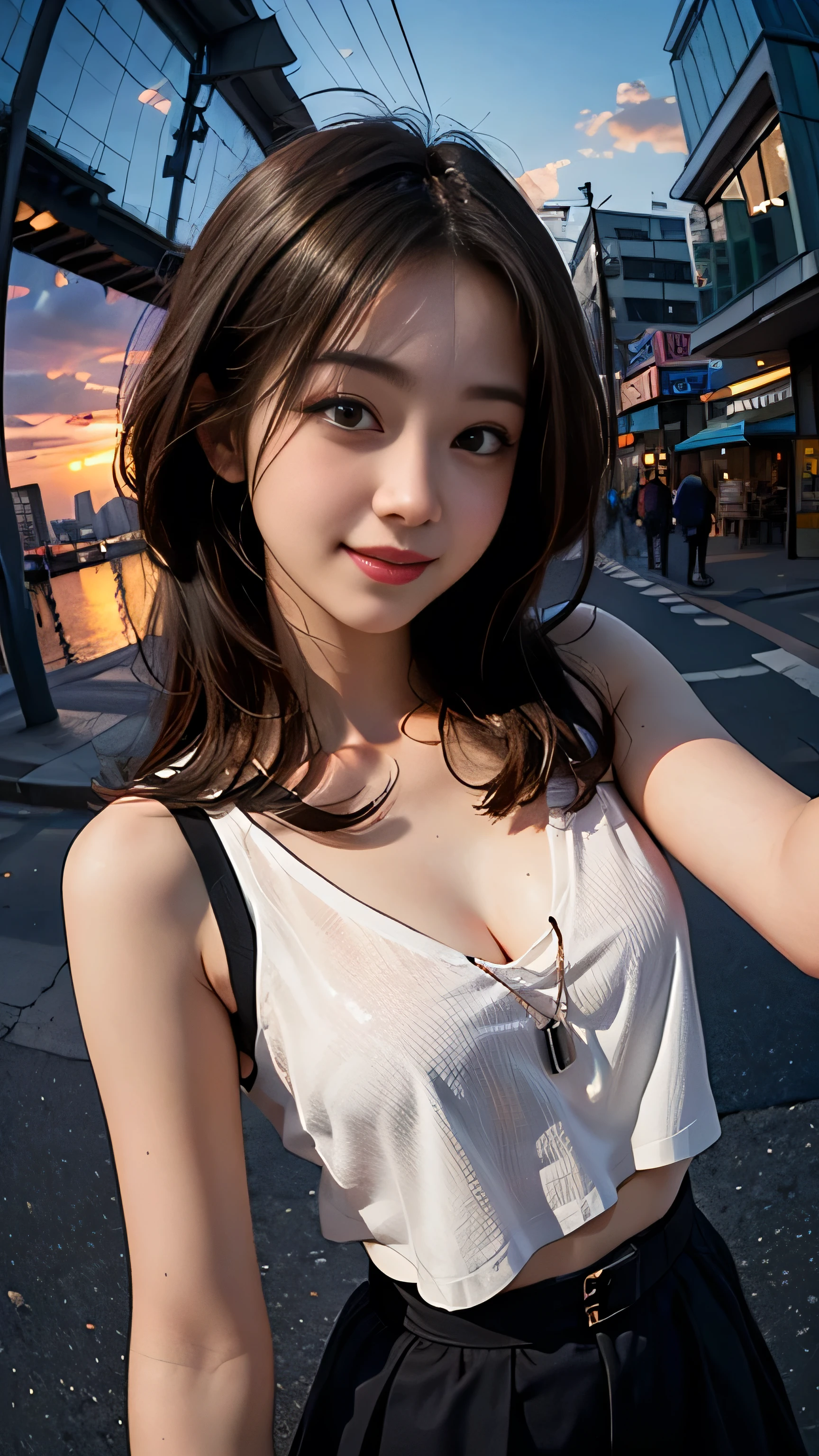 One girl, Korean, Fisheye Lens, Selfie, Wind, Messy Hair, sunset, Cityscape, (Aesthetics and atmosphere:1.2),smile