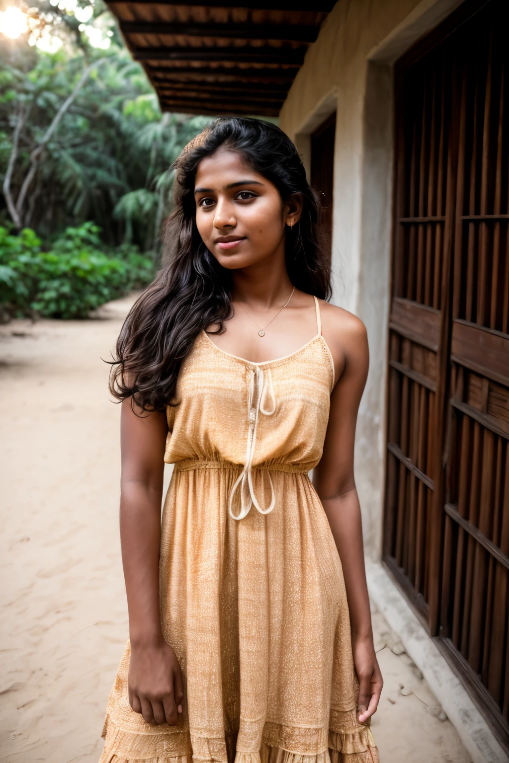 RAW photo, a portrait photo of Indian college girl in sundress, fitness girl, natural skin, dark skin, interior, sunset, 8k uhd, high quality, film grain, Fujifilm XT3