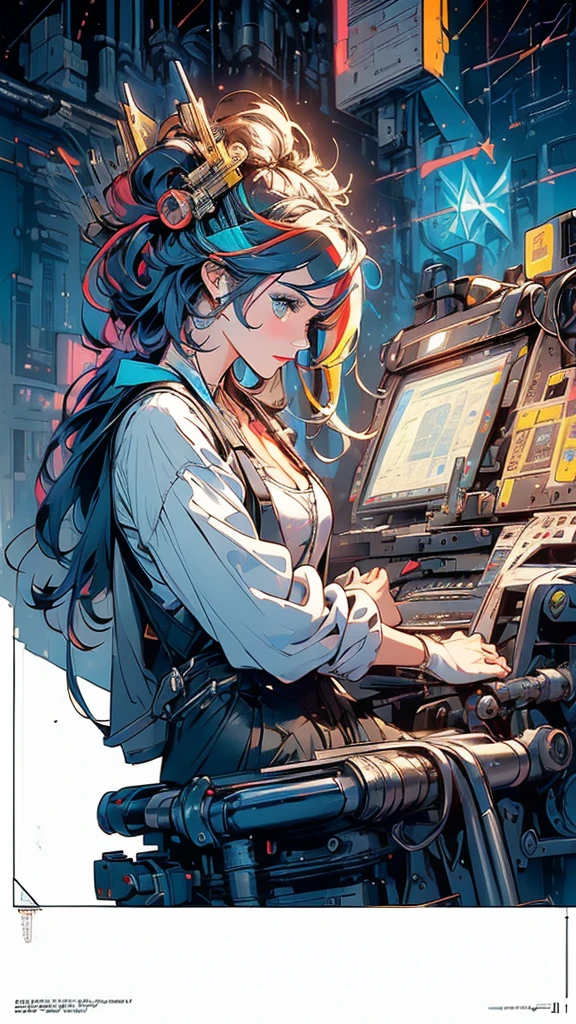 (((masterpiece, highest quality))),(((solo:1.2))),(((1girl:1.2))),32k wallpaper, very detailed, poster, vintage science fiction,(((((geometric cinematic movie poster))))), (bauhaus), shape,(((abstract))),(mid century modern),movie poster,(((((portfolio))))),(((((Close-up))))),(((((bust up))))),((((more various angle)))),(((highlight))),Vast landscape,((((heterochromia)))),(((complete. detailed face))),(((Extremely talented))),(((((most complecated machine))))),Colorful color scheme,(Cleavage),(((((unlimited mechanic Workaholic)))))