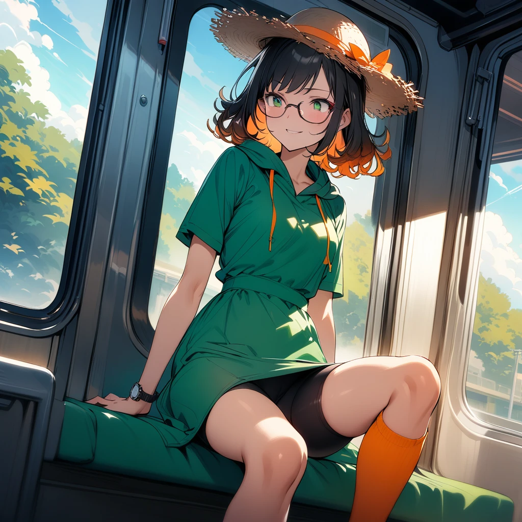 (masterpiece),(best quality),very aesthetic,(ultra-detailed),(super-fine illustration),vibrant colors,high saturation,nsfw,1girl,25yo,slender,tall,medium hair,black hair,natural wave hair,flipped hair,dark green eyes,comfortable,smirk,(glasses,straw hat with leaf color ribbon:1.2),Carry bag with casters,(thigh-high parka dress with gradient earth color,black bike shorts),short sleeves,Sneaker Shoes,short orange socks,wristwatch,on train,sitting on train sheet,looking away,looking outside,summer,countryscape,cowboy shot,Boarding a moving train
