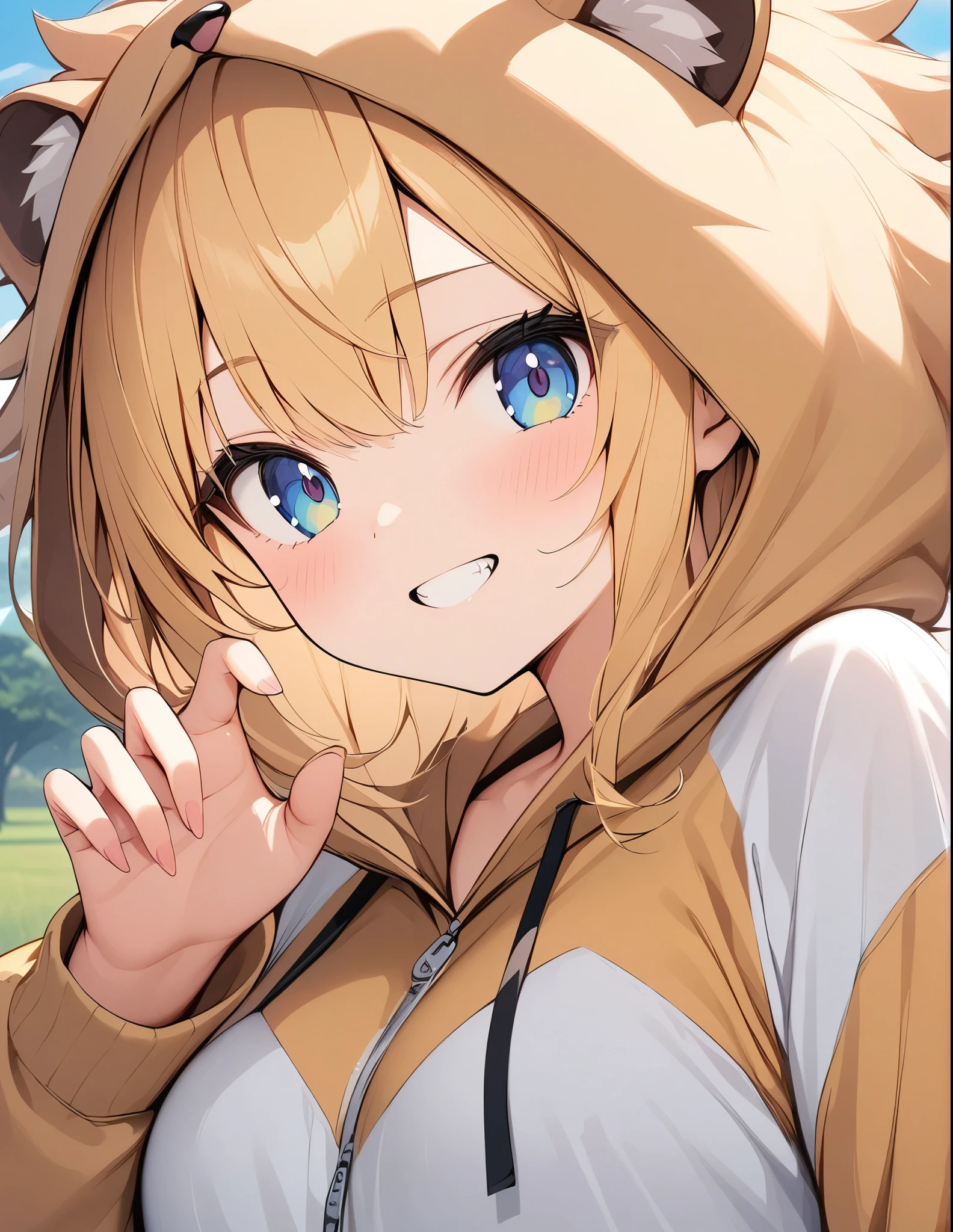 ((Amazingly absurd)),超High resolution, Attention to detail, high quality, High resolution, 最high quality, 4K, 8k, Lion Girl、cute、Beast Pose、tooth、Savannah background、((Lion costume))、cute、ライオンのぬいぐるみを抱っこする